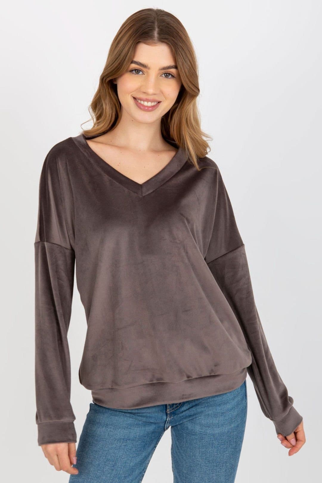 Love Lace Love Lace Women's Velour V Neck Long Sleeve Casual Sweatshirt Style 185956 in Charcoal