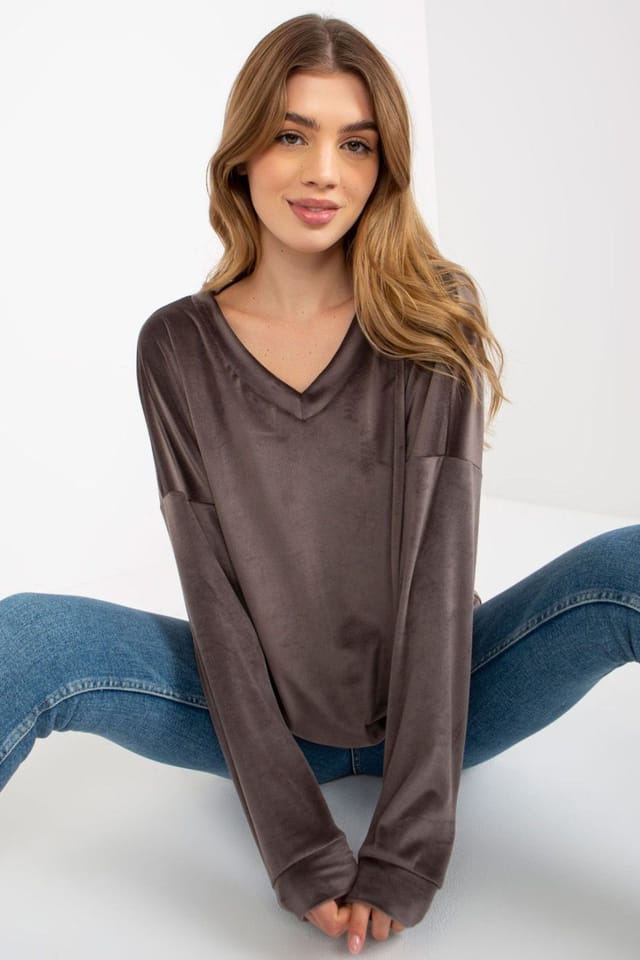 Love Lace Love Lace Women's Velour V Neck Long Sleeve Casual Sweatshirt Style 185956 in Charcoal - 2