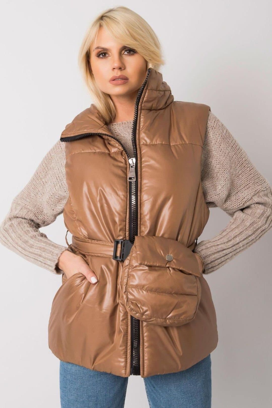 Love Lace Love Lace Women's Brown Padded Down Vest With Zipper Pockets Belt Included
