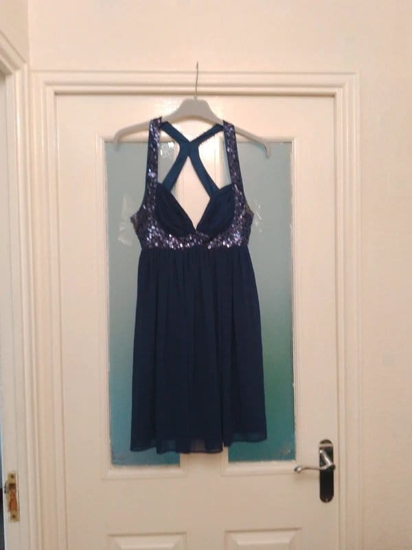 Lipsy Navy Blue Chiffon Cocktail Dress with Beaded Bodice