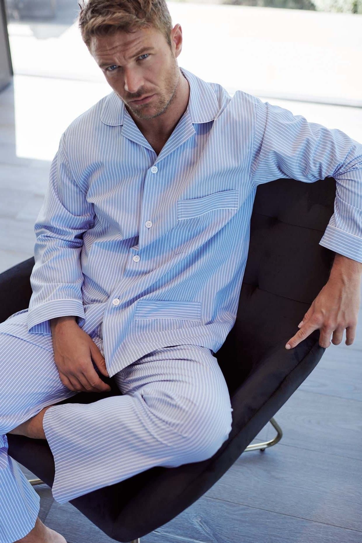 British Boxers British Boxers Men's Striped Crisp Cotton Pyjama Set in Light Blue