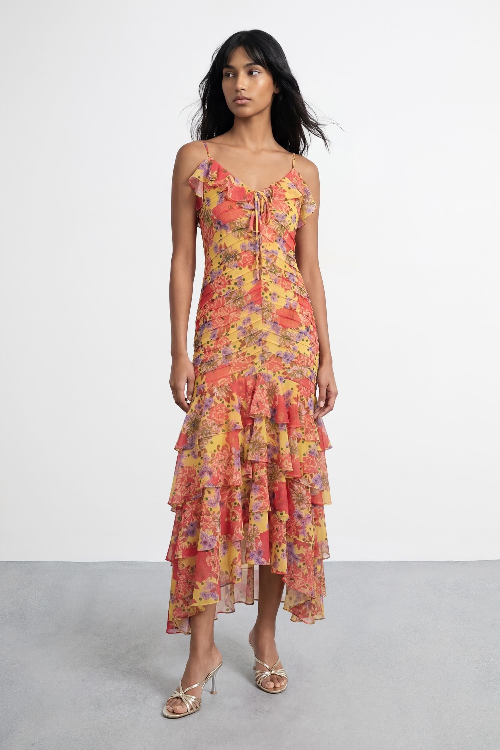 Warehouse Warehouse Women's Floral Print Pintuck & Ruffle Midi Dress