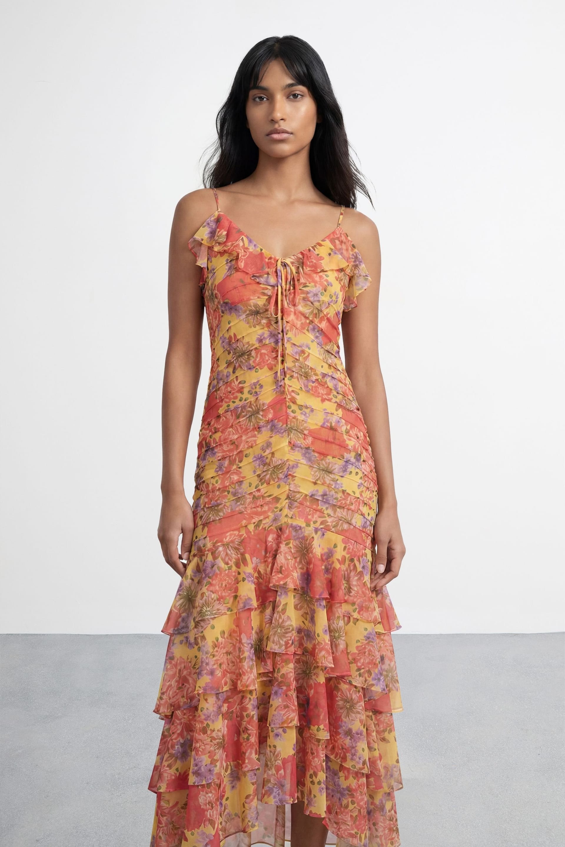Warehouse Warehouse Women's Floral Print Pintuck & Ruffle Midi Dress - 4