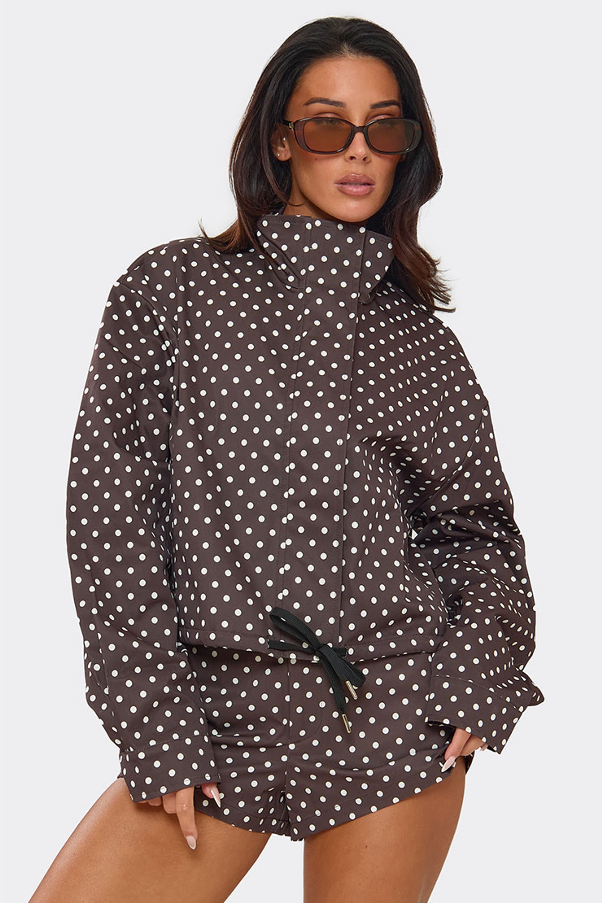EGO EGO Women's Long Sleeve Polka Dot Top & Shorts Set in Chocolate