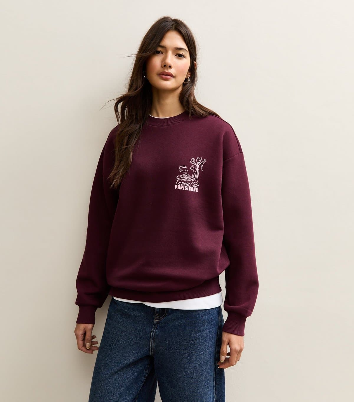 New Look Women's Dark Burgundy Le Petit Cafe Logo Print Sweatshirt New Look