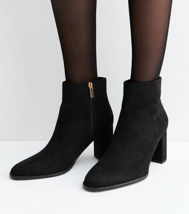 New Look Women's Black Faux Suede Almond Toe Block Heel Ankle Boots Vegan New Look - 2