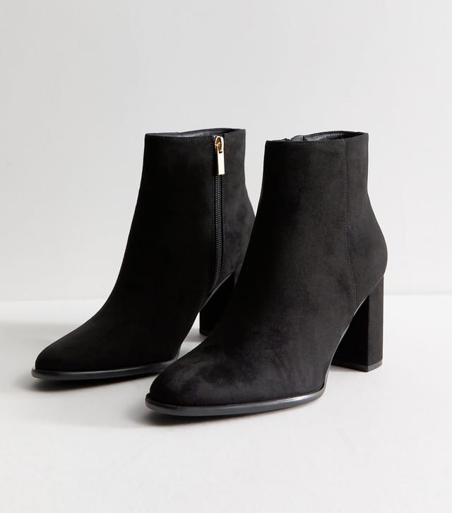 New Look Women's Black Faux Suede Almond Toe Block Heel Ankle Boots Vegan New Look - 3