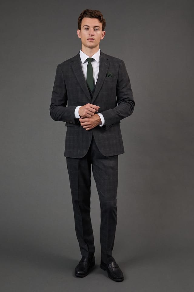 Burton Burton Men's Charcoal Windowpane Check Slim Fit Suit Jacket - 2