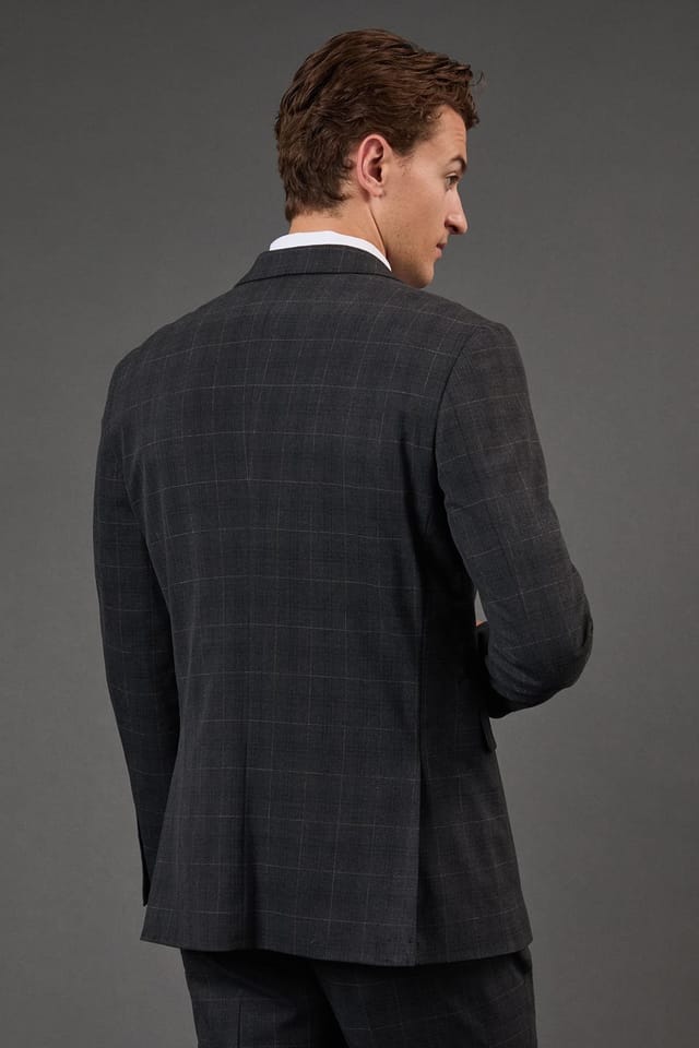 Burton Burton Men's Charcoal Windowpane Check Slim Fit Suit Jacket - 3