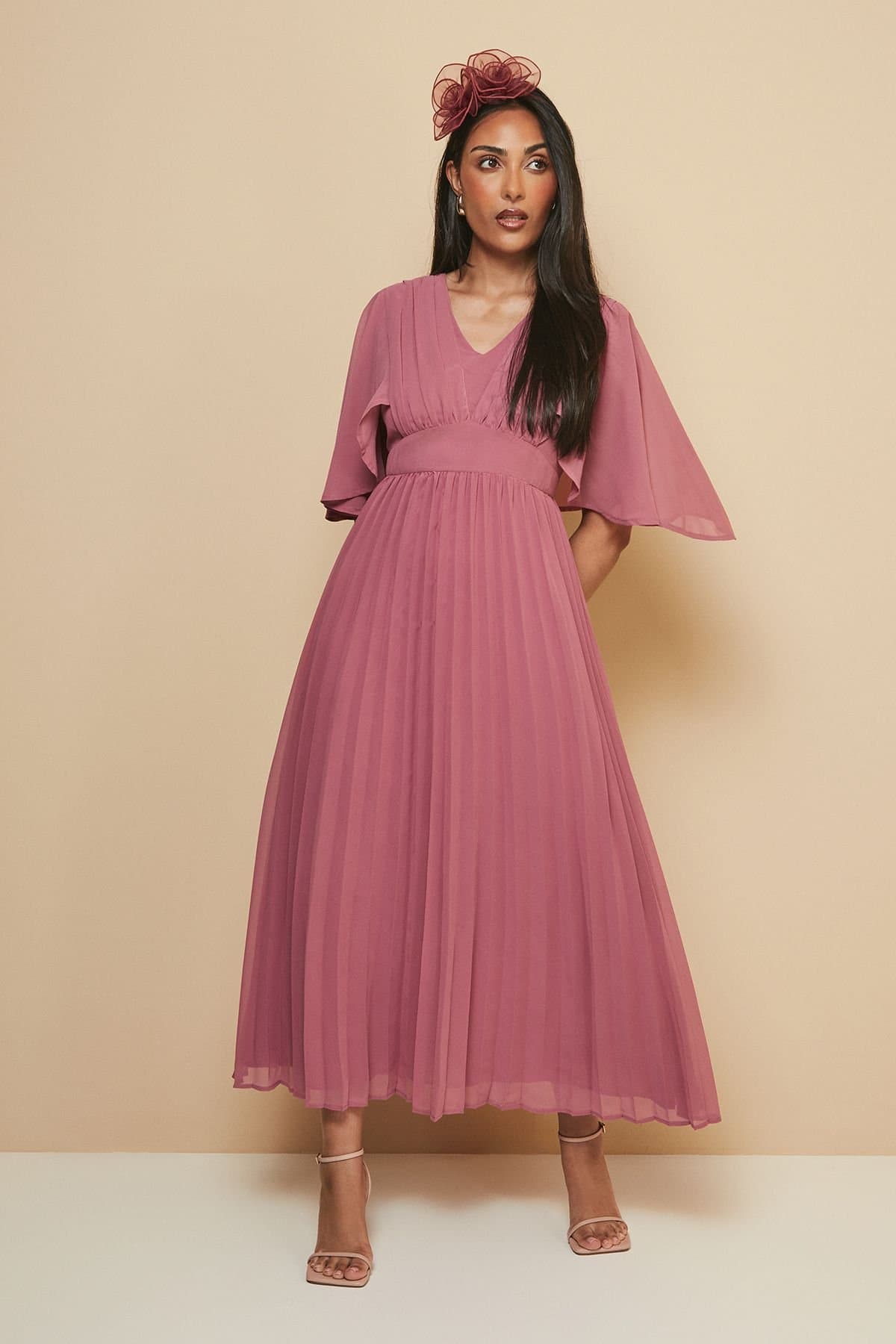 Wallis Wallis Women's Petite Pleated Cape Sleeve Midi Dress in Rose