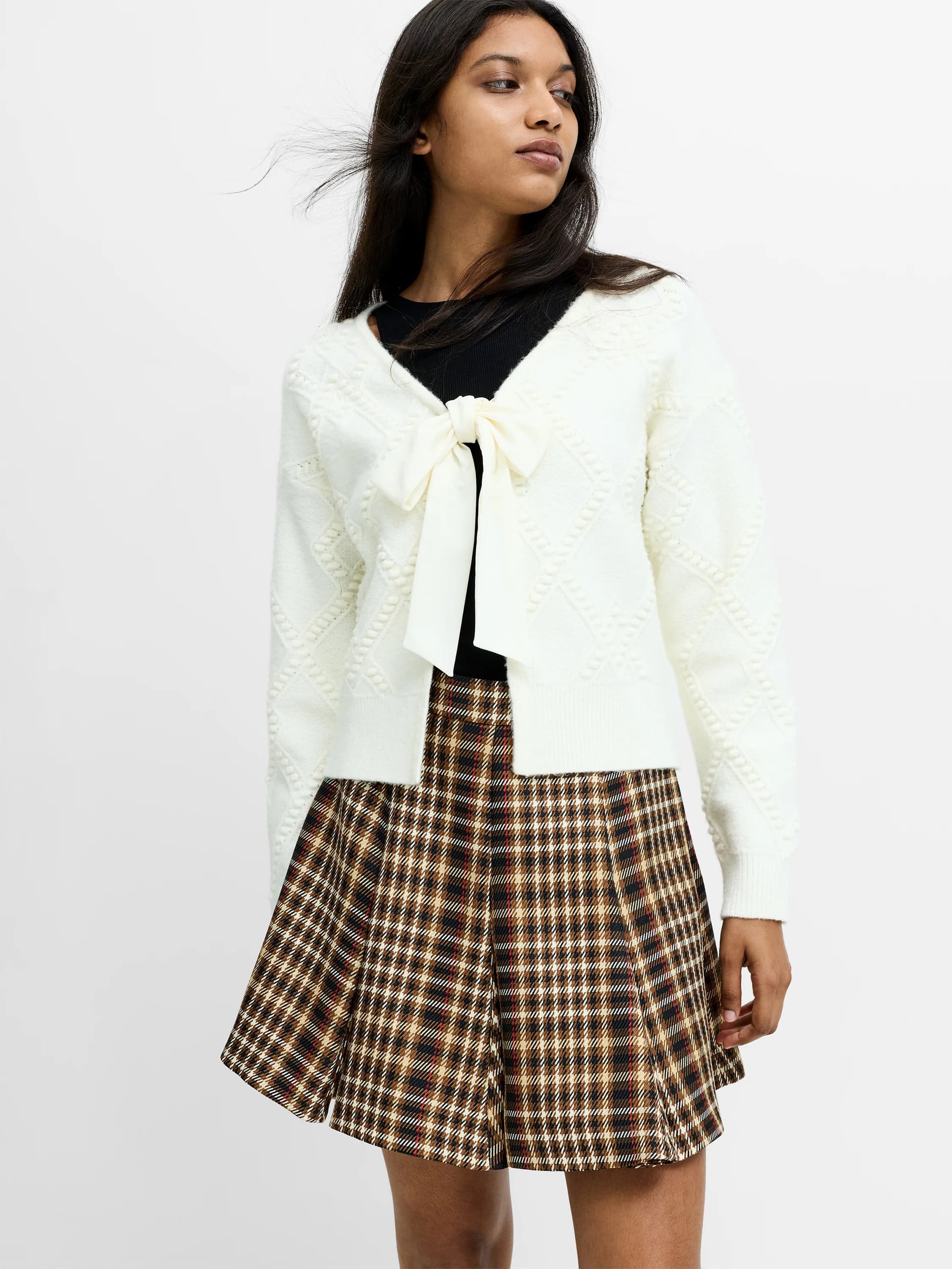 French Connection Kitty Bobble Knit Bow Cream Cardigan Porcelain Cream