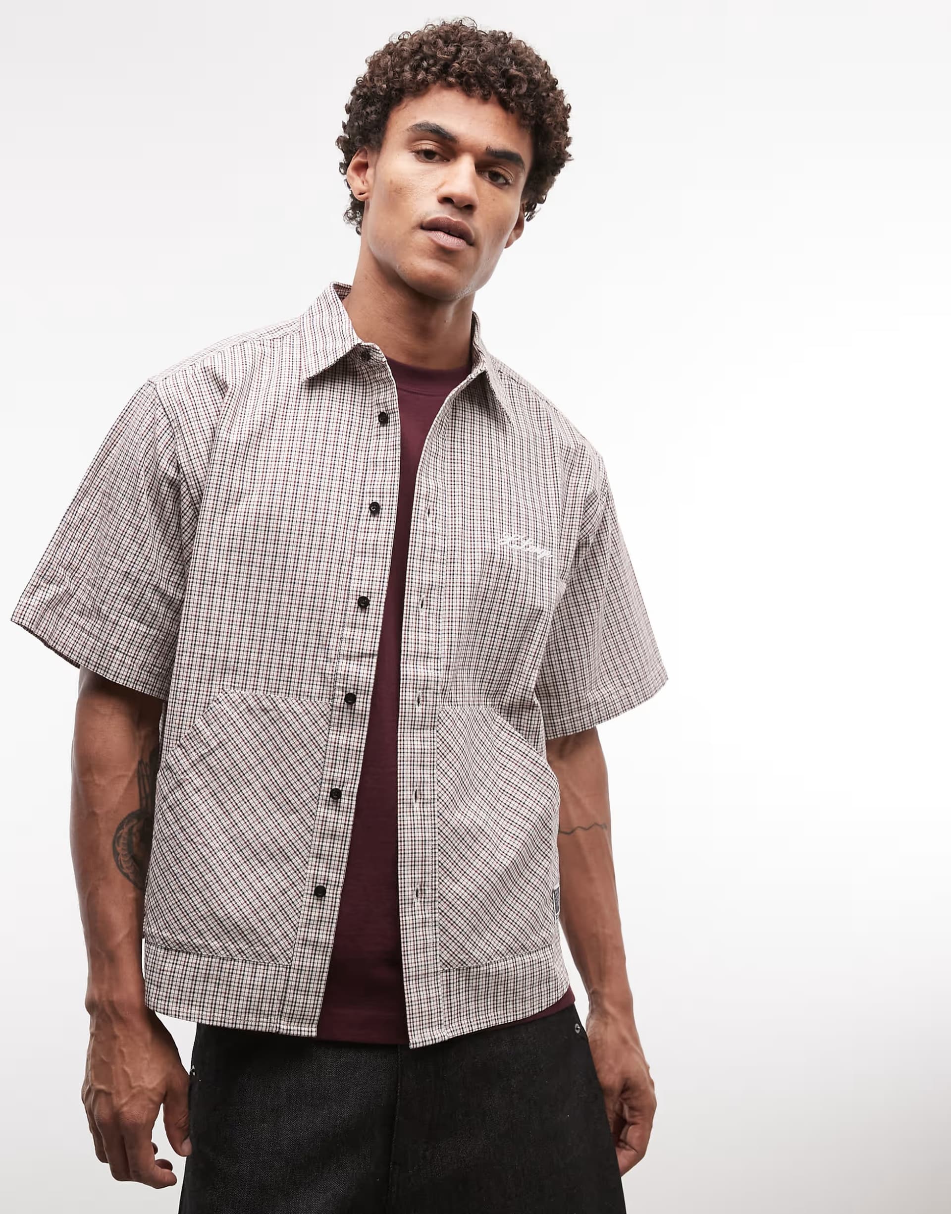 ASOS XLARGE check double checked short sleeve shirt with kangaroo pockets in beige