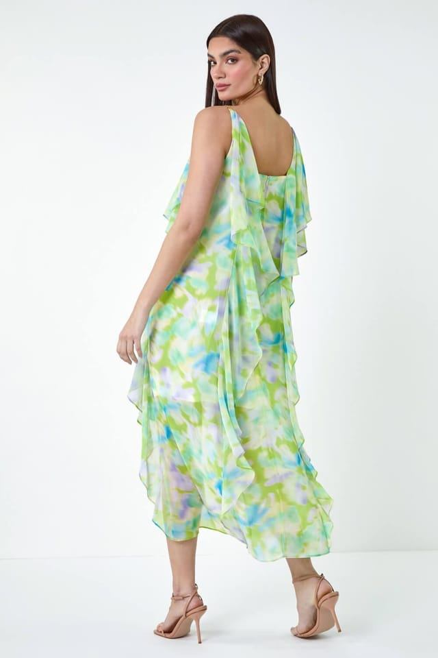 Ariella Ariella Women's Abstract Chiffon Ruffle Detail Midi Dress in Lime - 3