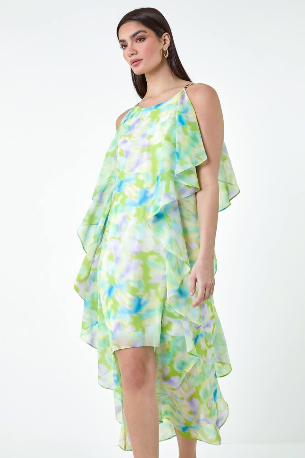 Ariella Ariella Women's Abstract Chiffon Ruffle Detail Midi Dress in Lime - 4