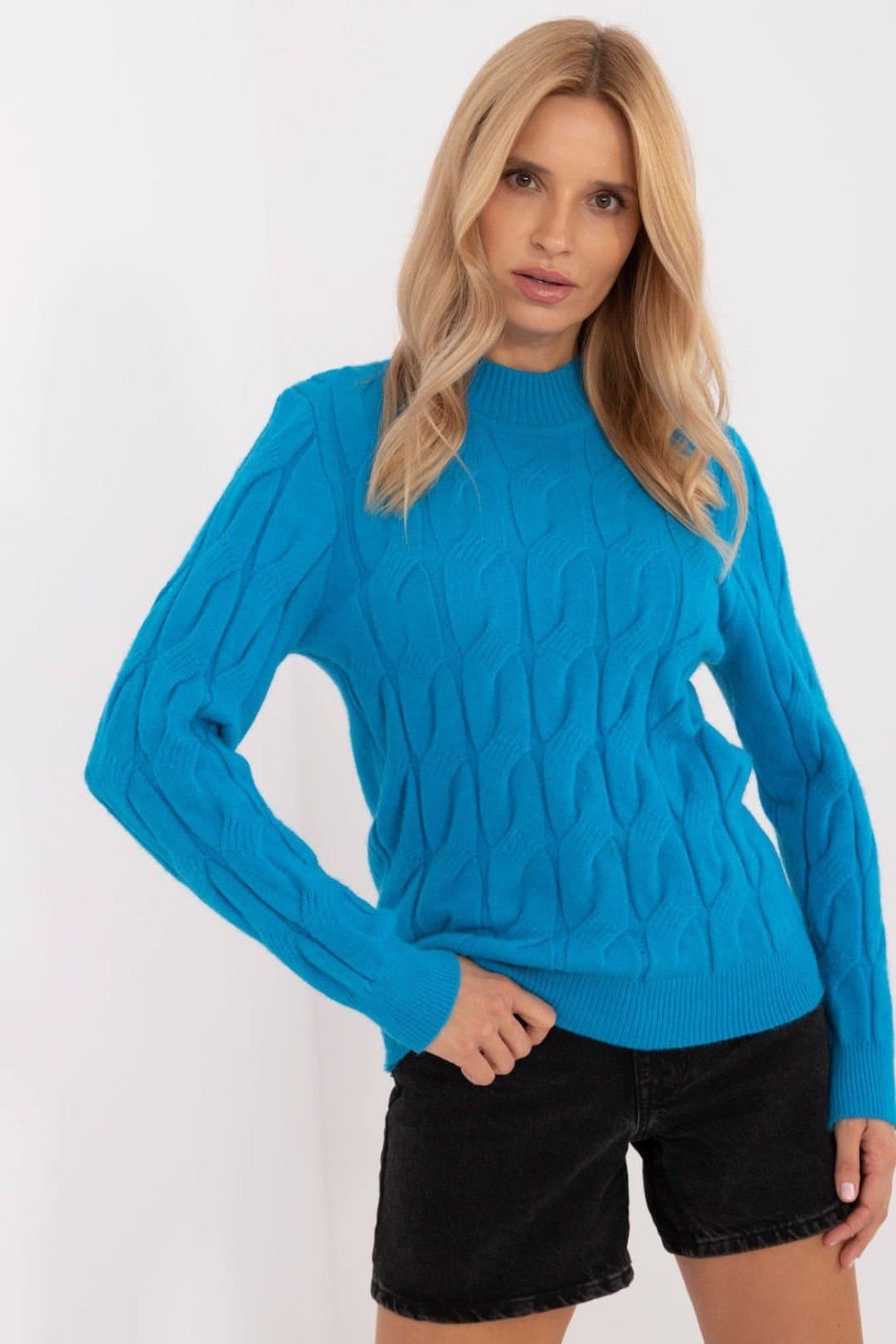 Love Lace Love Lace Women's Textured Mock Turtleneck Long Sleeve Sweater in Turquoise