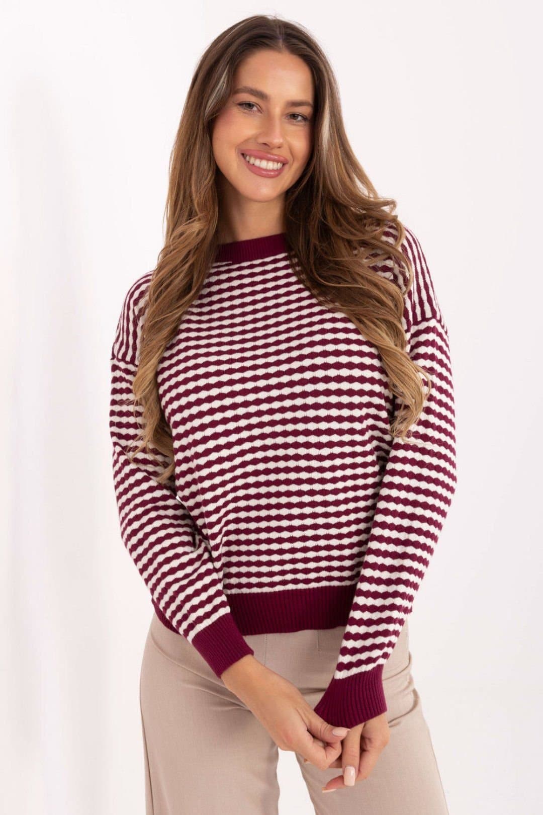 Love Lace Love Lace Women's Striped Viscose Blend Round Neck Sweater in Burgundy
