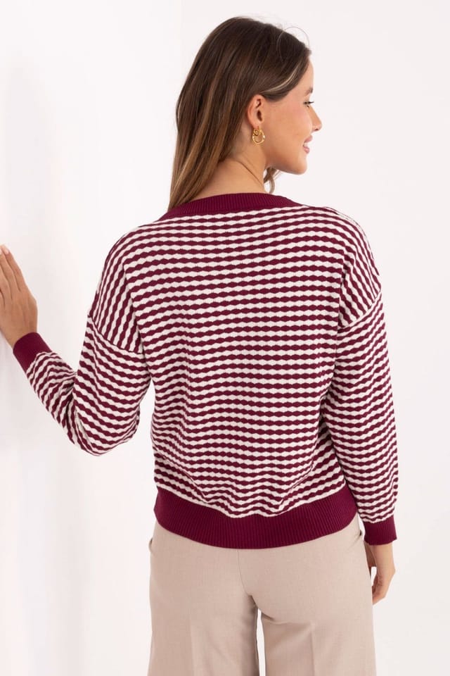 Love Lace Love Lace Women's Striped Viscose Blend Round Neck Sweater in Burgundy - 3
