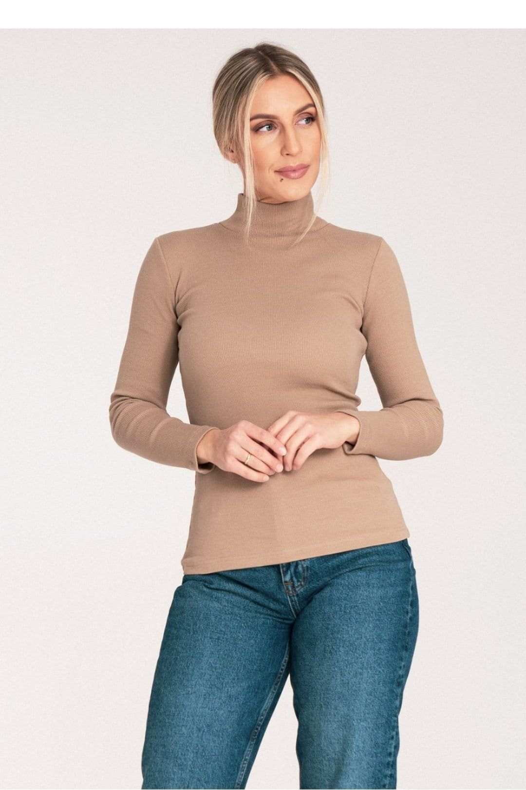 Love Lace Love Lace Women's Classic Cotton Turtleneck Long Sleeve Ribbed in Beige - 4