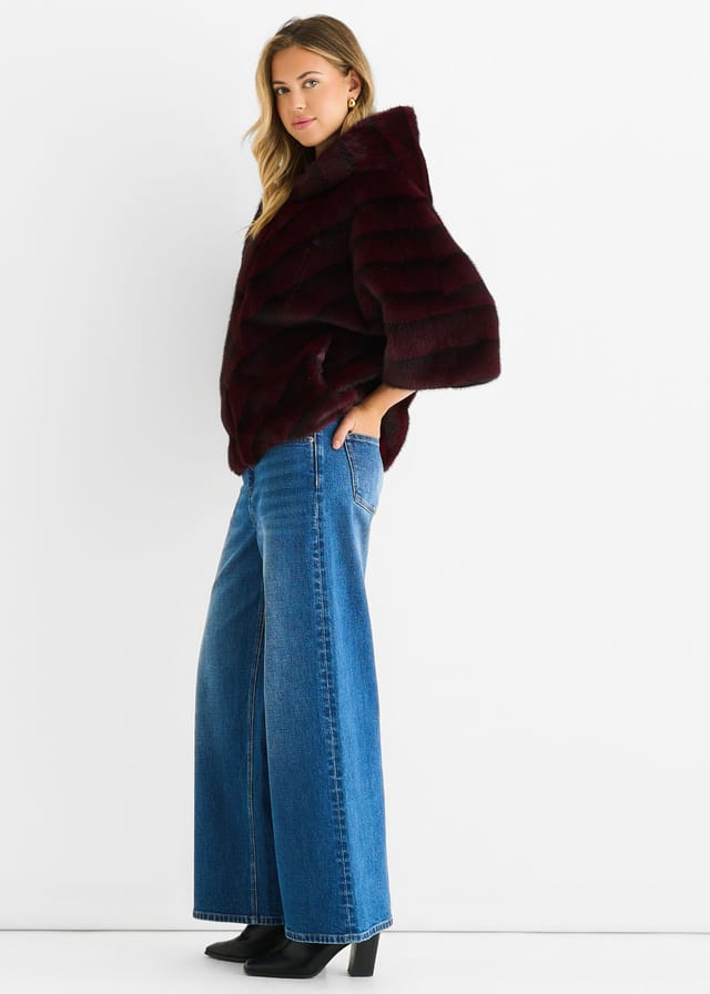 Gini London Gini London Women's Burgundy Hooded Chevron Faux Fur Cape Jacket - 3