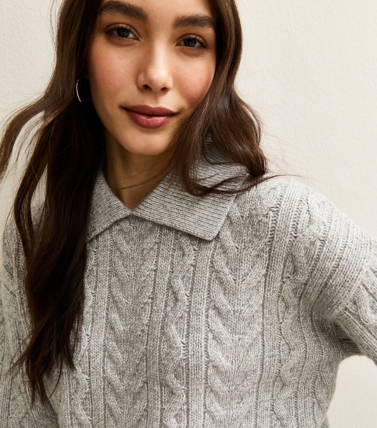 New Look New Look Pale Grey Cable Knit Rib Collar Jumper