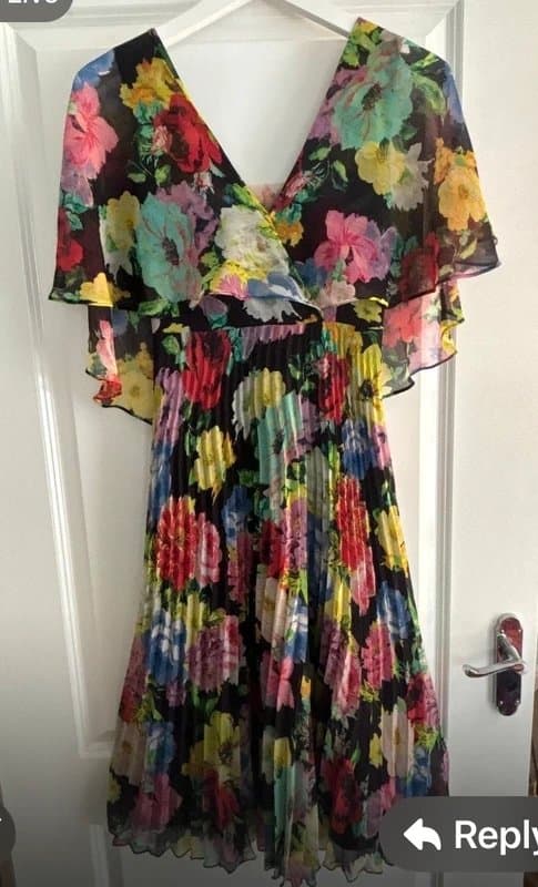 ASOS ASOS Floral Cape Sleeve Pleated Skirt Multi Coloured Party Festival Occasion Dress - Size 8