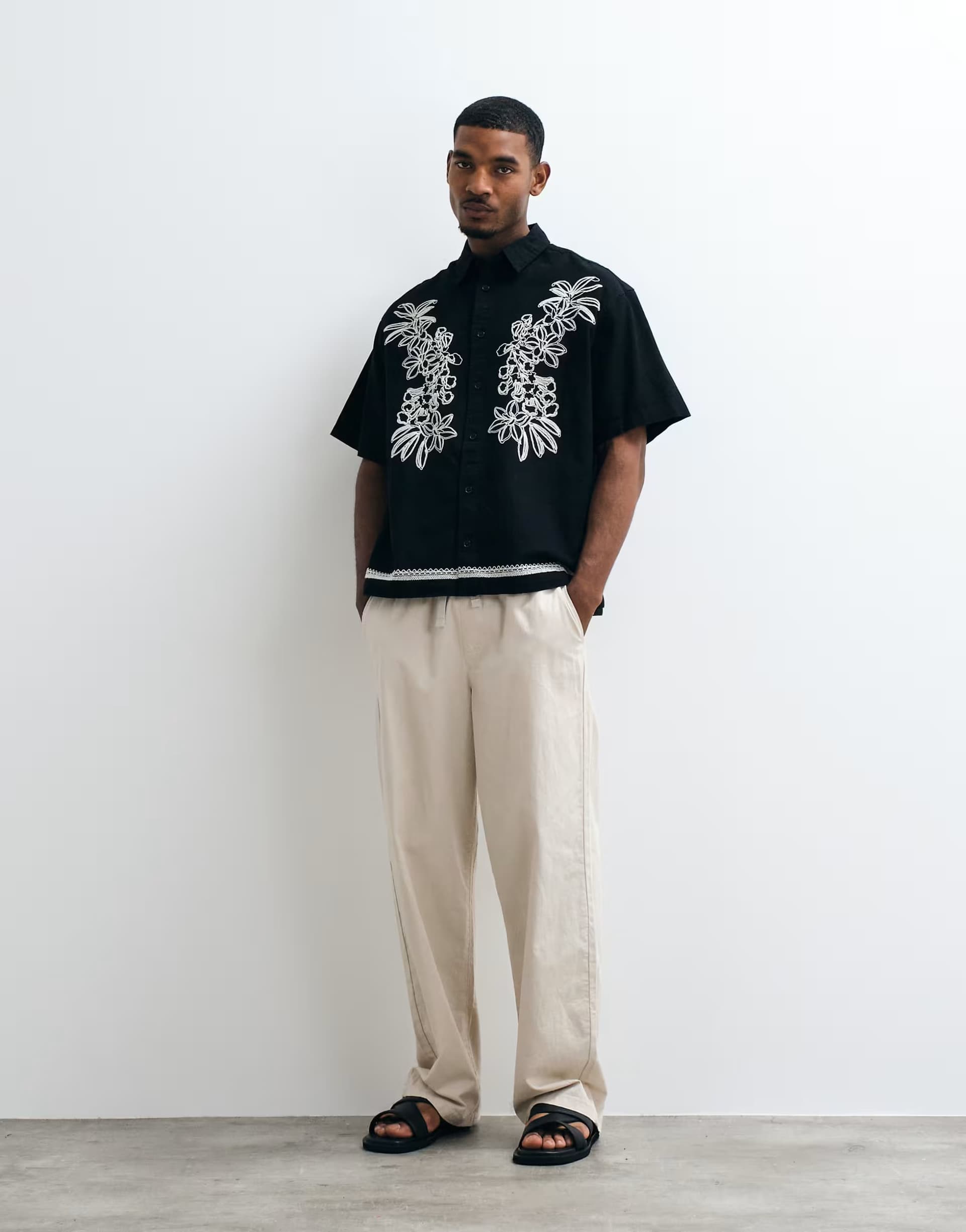 ASOS ASOS DESIGN oversized shirt with linen and floral embroidery in black