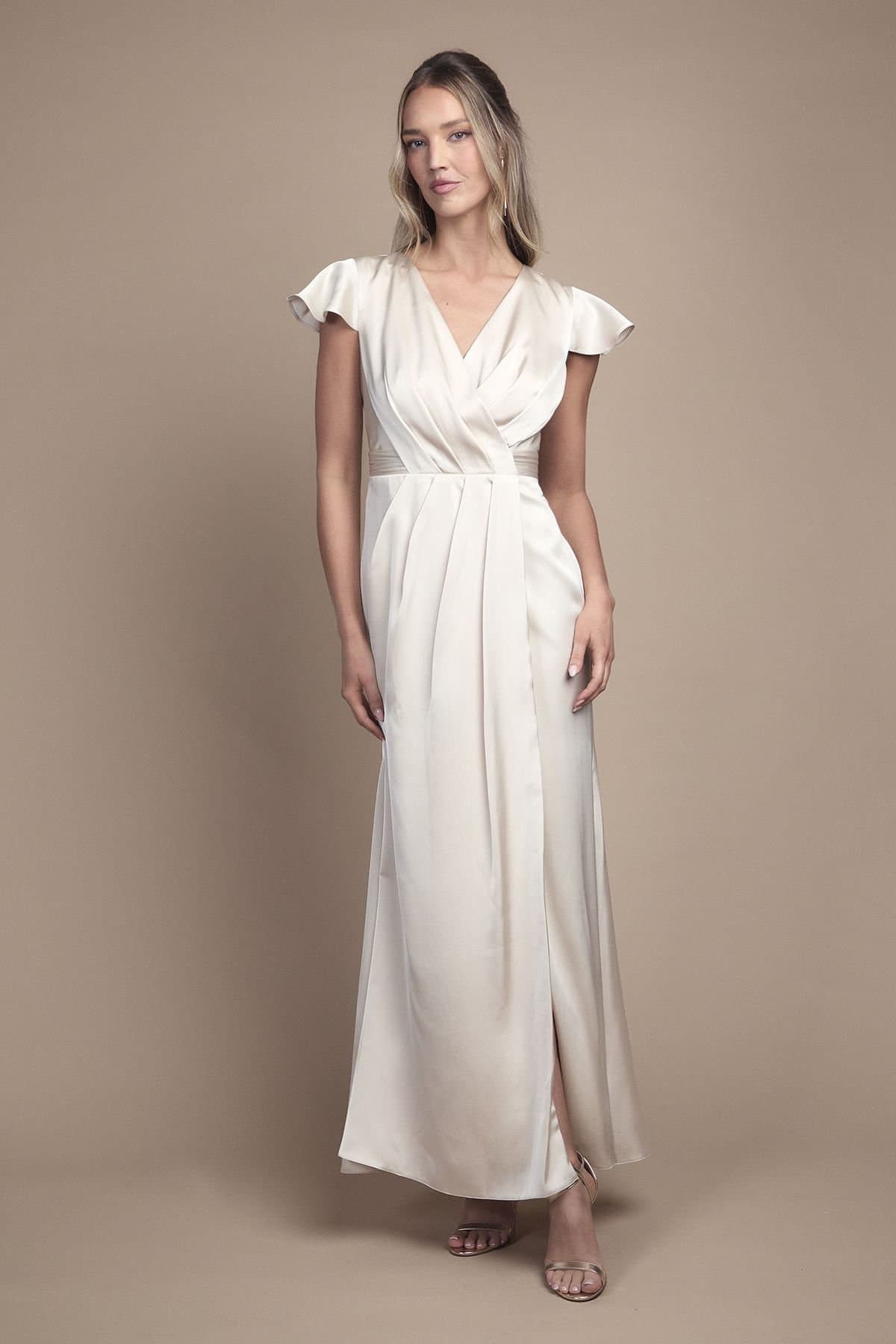 Coast Coast Women's Wrap Front Flutter Sleeve Maxi Bridesmaid Dress in Champagne