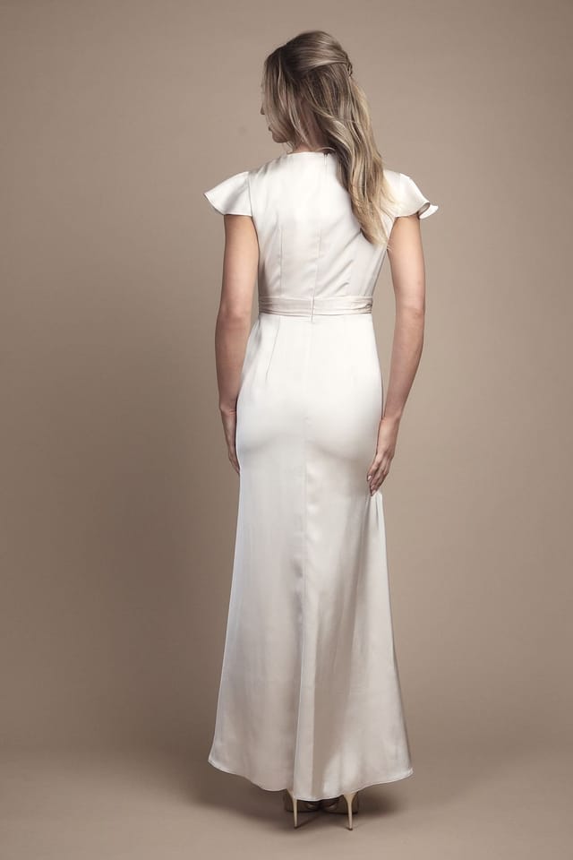 Coast Coast Women's Wrap Front Flutter Sleeve Maxi Bridesmaid Dress in Champagne - 3