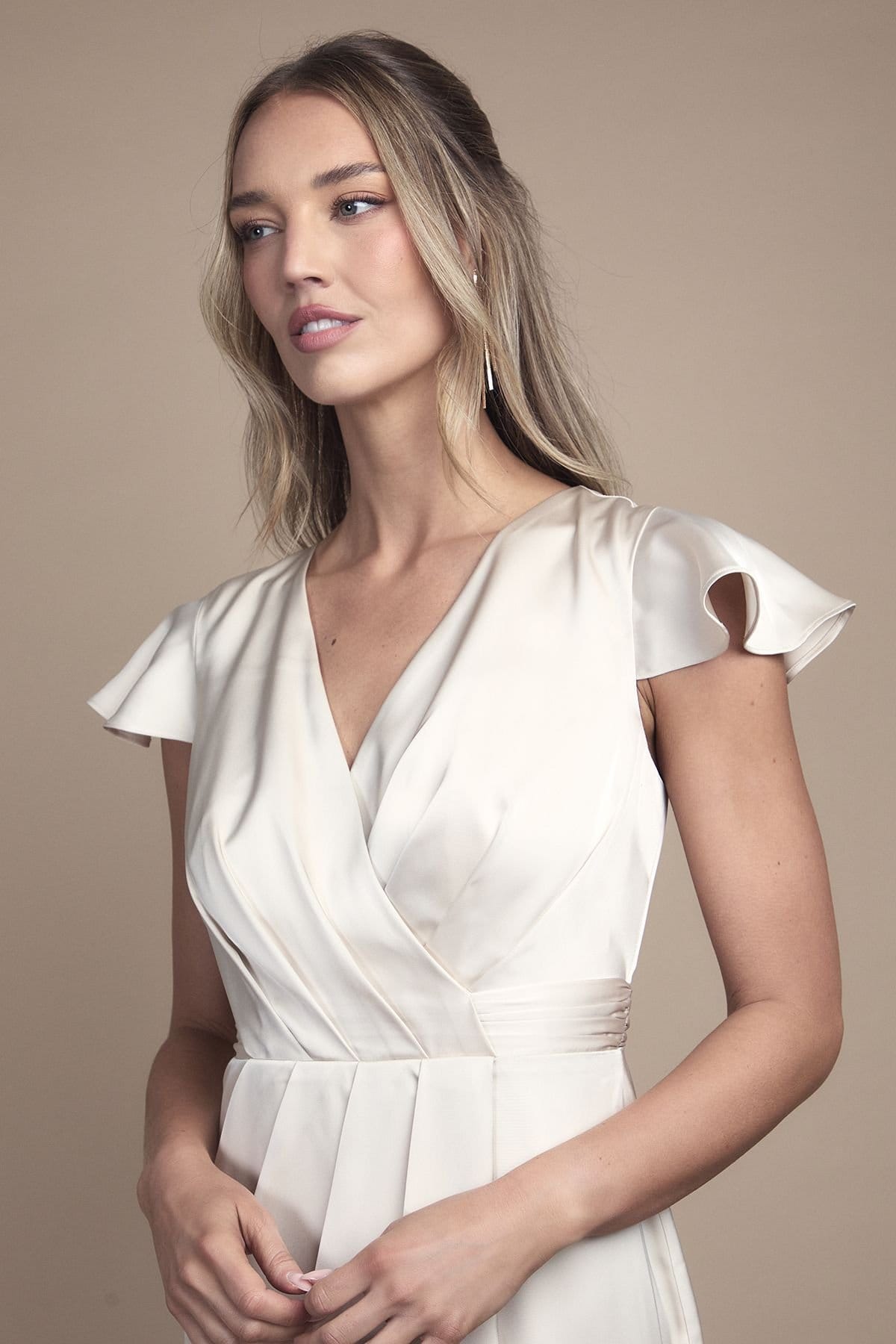 Coast Coast Women's Wrap Front Flutter Sleeve Maxi Bridesmaid Dress in Champagne - 4