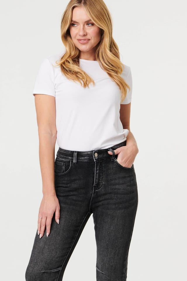 Izabel London Izabel London Women's High Waist Washed Texture Slim Jeans in Black - 2