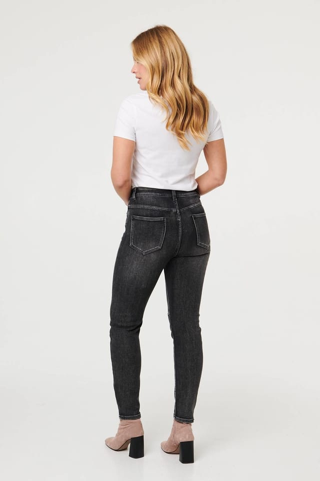 Izabel London Izabel London Women's High Waist Washed Texture Slim Jeans in Black - 3
