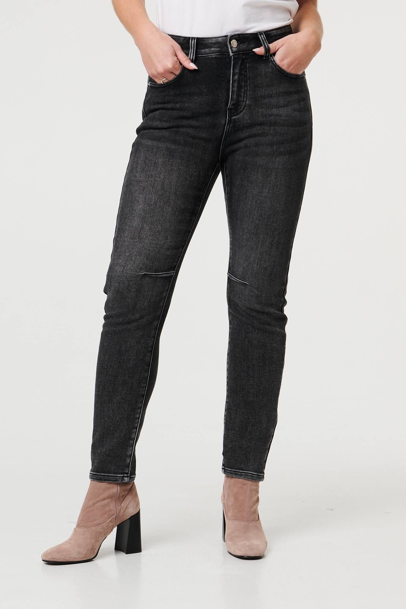 Izabel London Izabel London Women's High Waist Washed Texture Slim Jeans in Black - 4