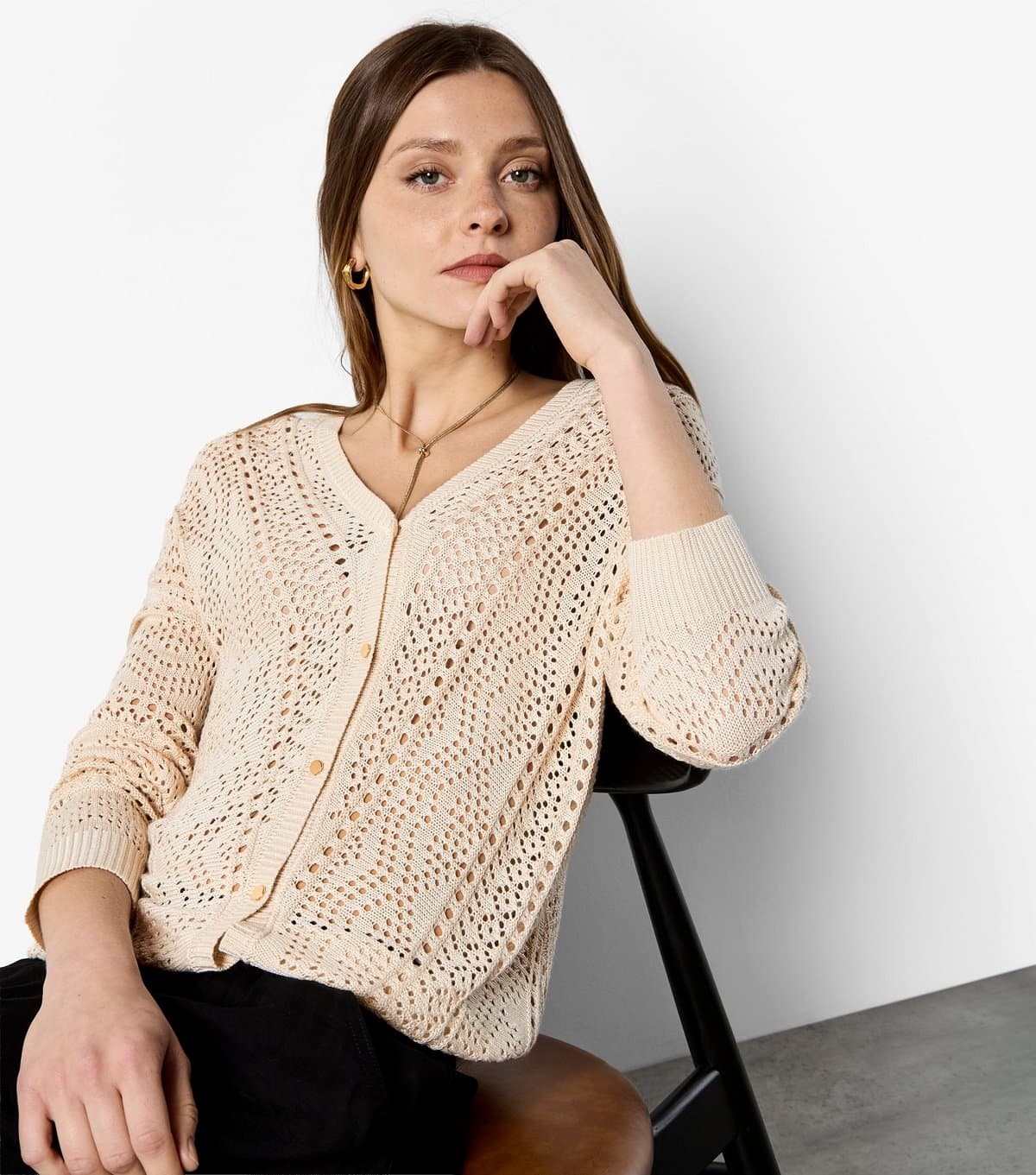 Apricot Women's Stone Chevron Open Knit Cardigan Apricot New Look