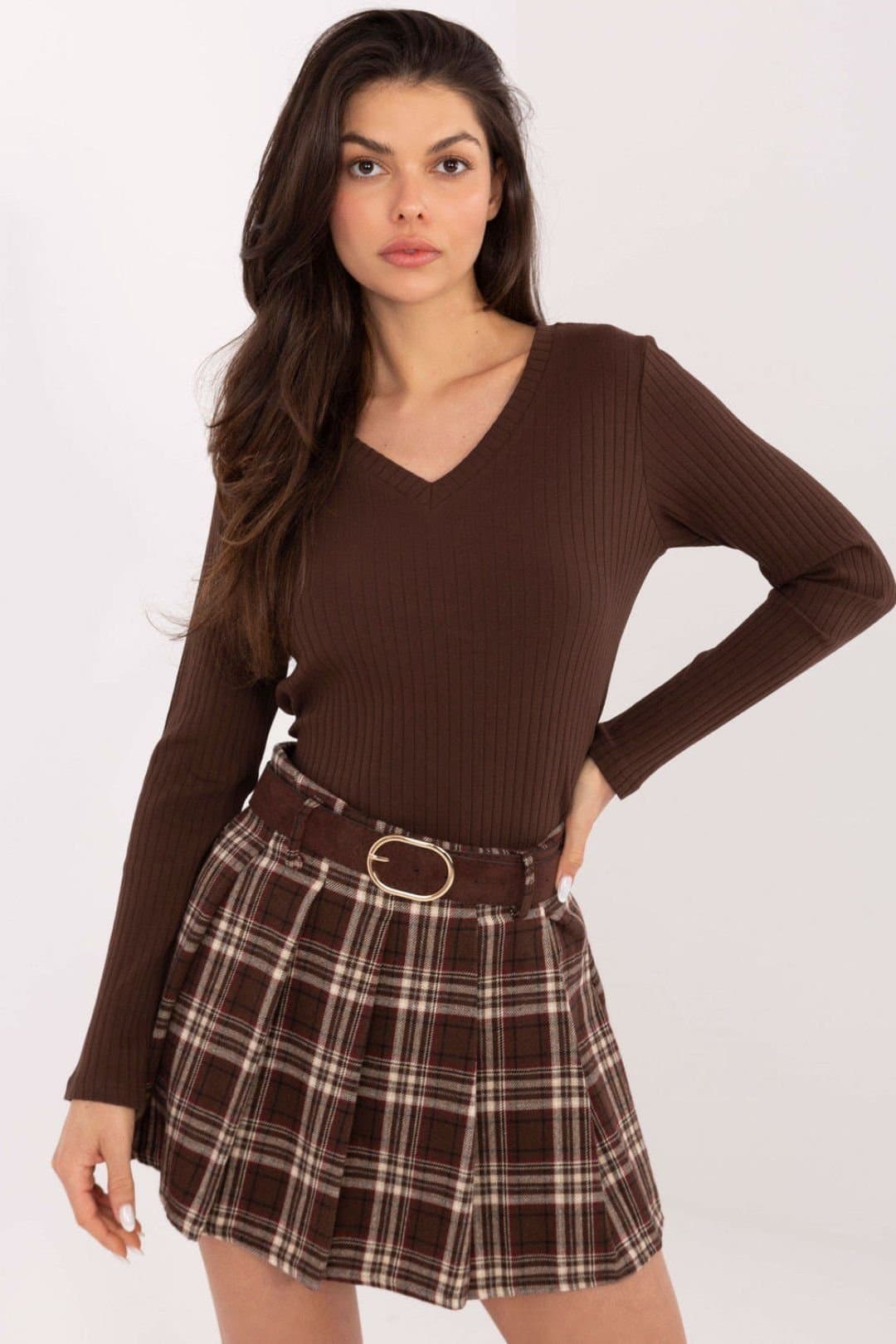 Love Lace Love Lace Women's Cotton Elastane V Neck Long Sleeve Blouse Style 221818 in Brown