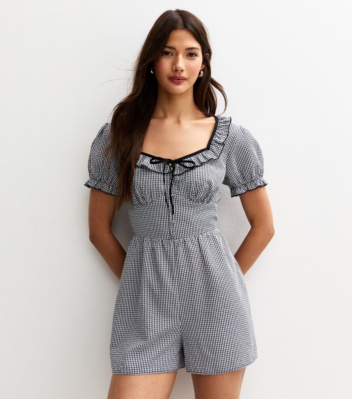New Look Women's Black Gingham Tie Back Playsuit New Look