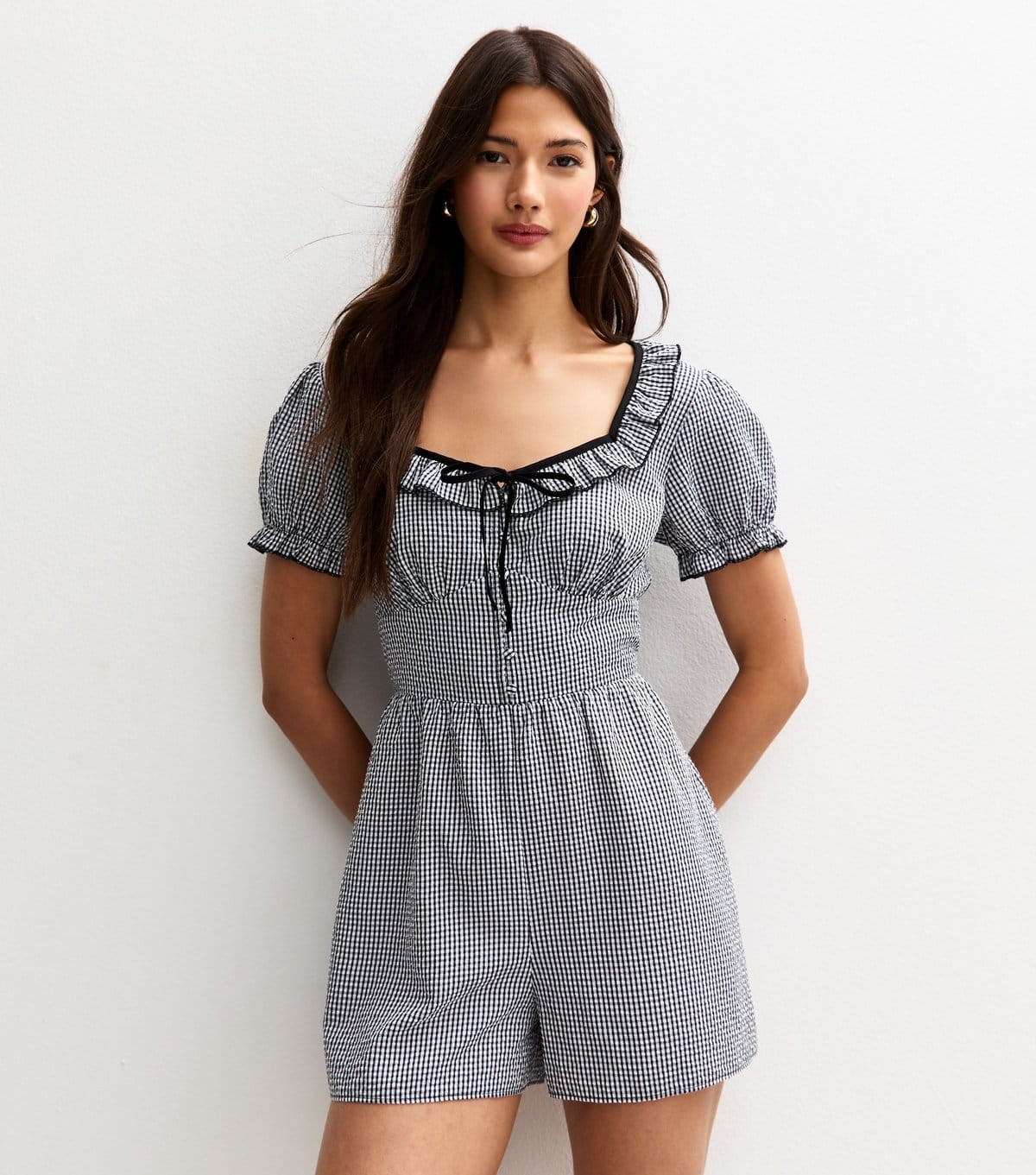 New Look Women's Black Gingham Tie Back Playsuit New Look - 1