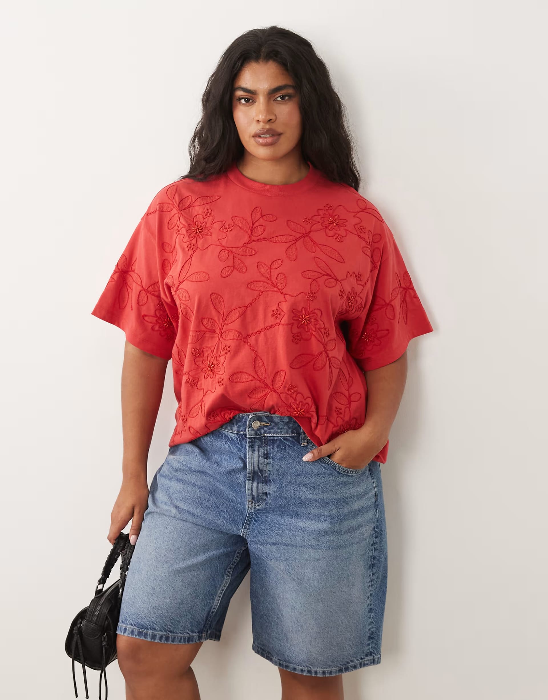ASOS Curve Red Embellished Beaded Floral Boxy Tee