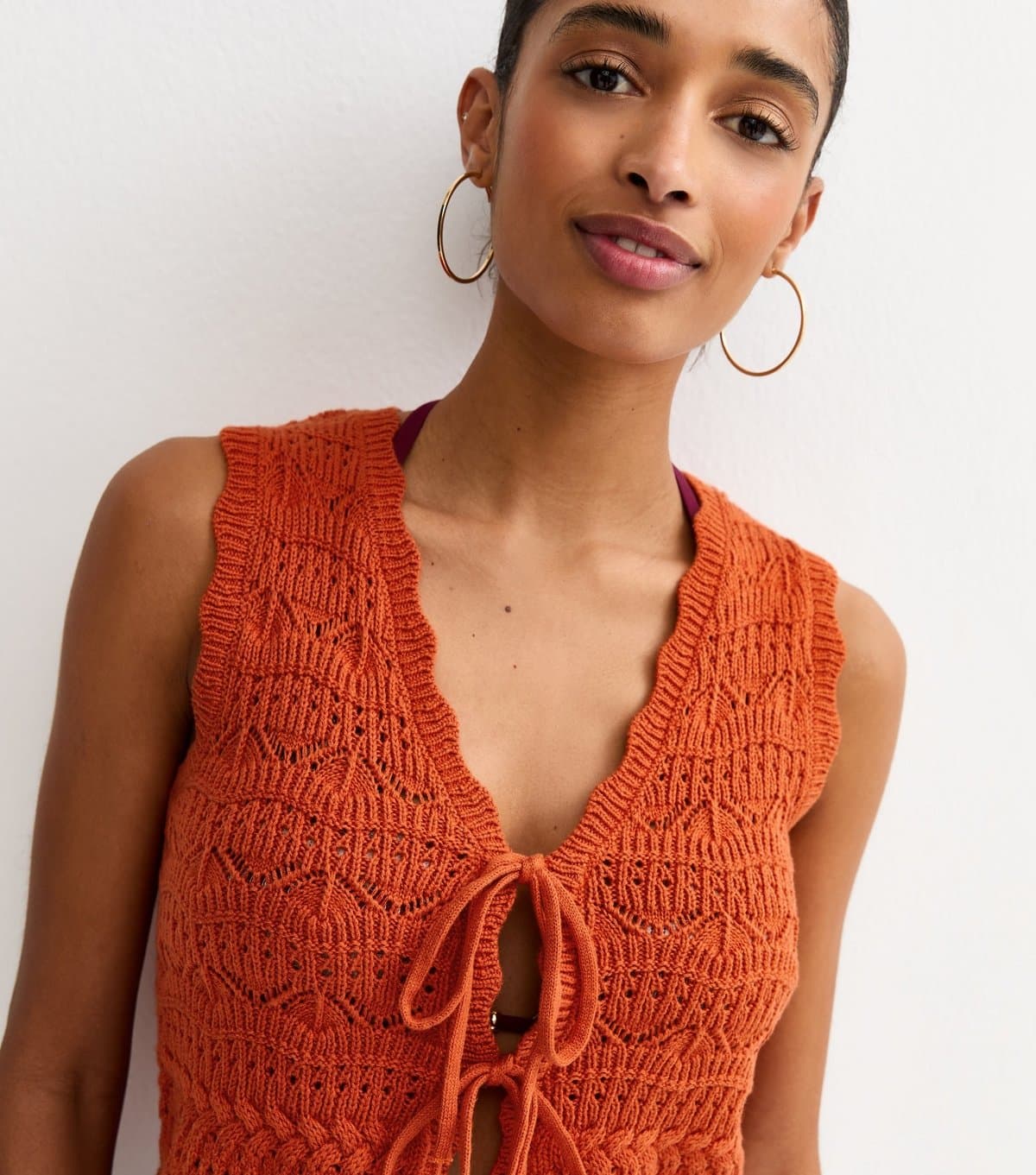 New Look Women's Bright Orange Cotton Rich Wave Stitchy Tie Waistcoat New Look