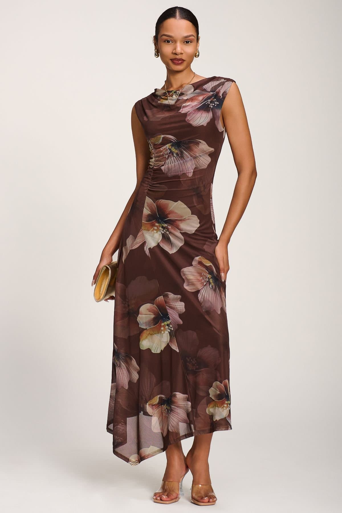 Jolie Moi Jolie Moi Women's Asymmetric Draped Mesh Maxi Dress in Dark Brown