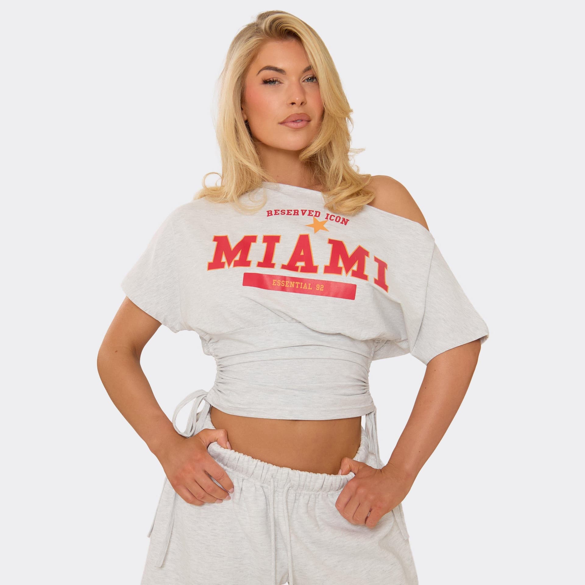 EGO Off The Shoulder Ruched Waist Detail Graphic T-Shirt In Light Grey Marl, Women's Size UK 6