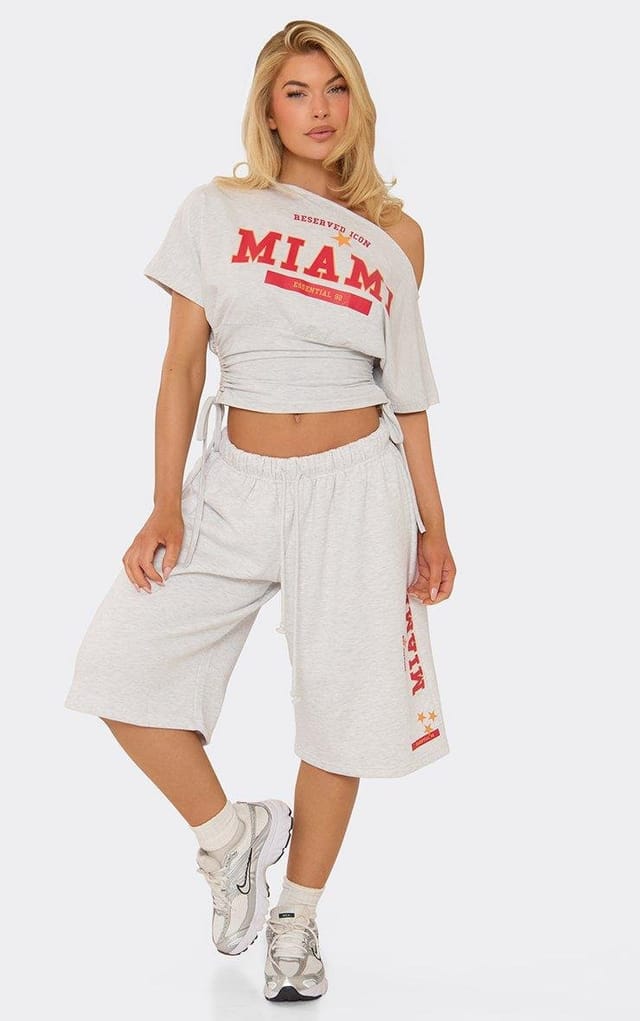 EGO Off The Shoulder Ruched Waist Detail Graphic T-Shirt In Light Grey Marl, Women's Size UK 6 - 2