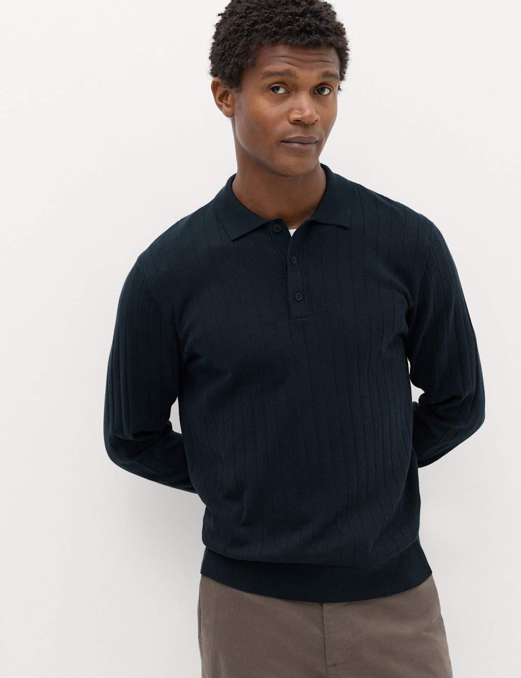 Marks & Spencer M&S Cotton Blend Smart Rib Knit Polo Shirt Navy