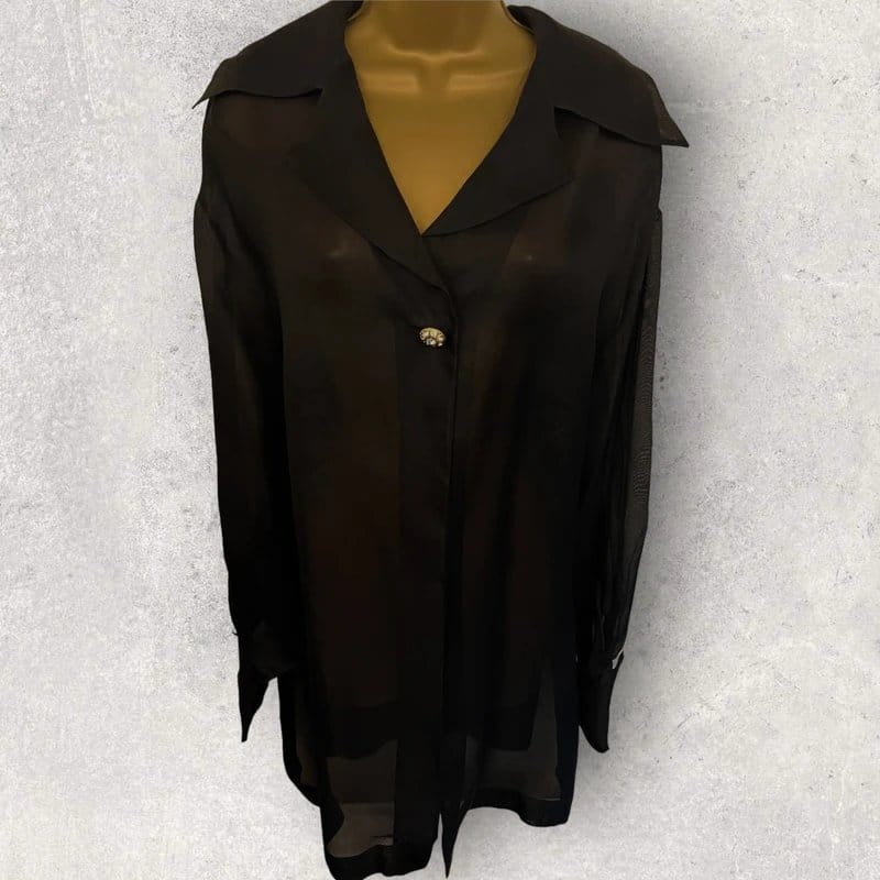 Guy Laroche Black Sheer Silk Blouse, Vintage UK 12-18