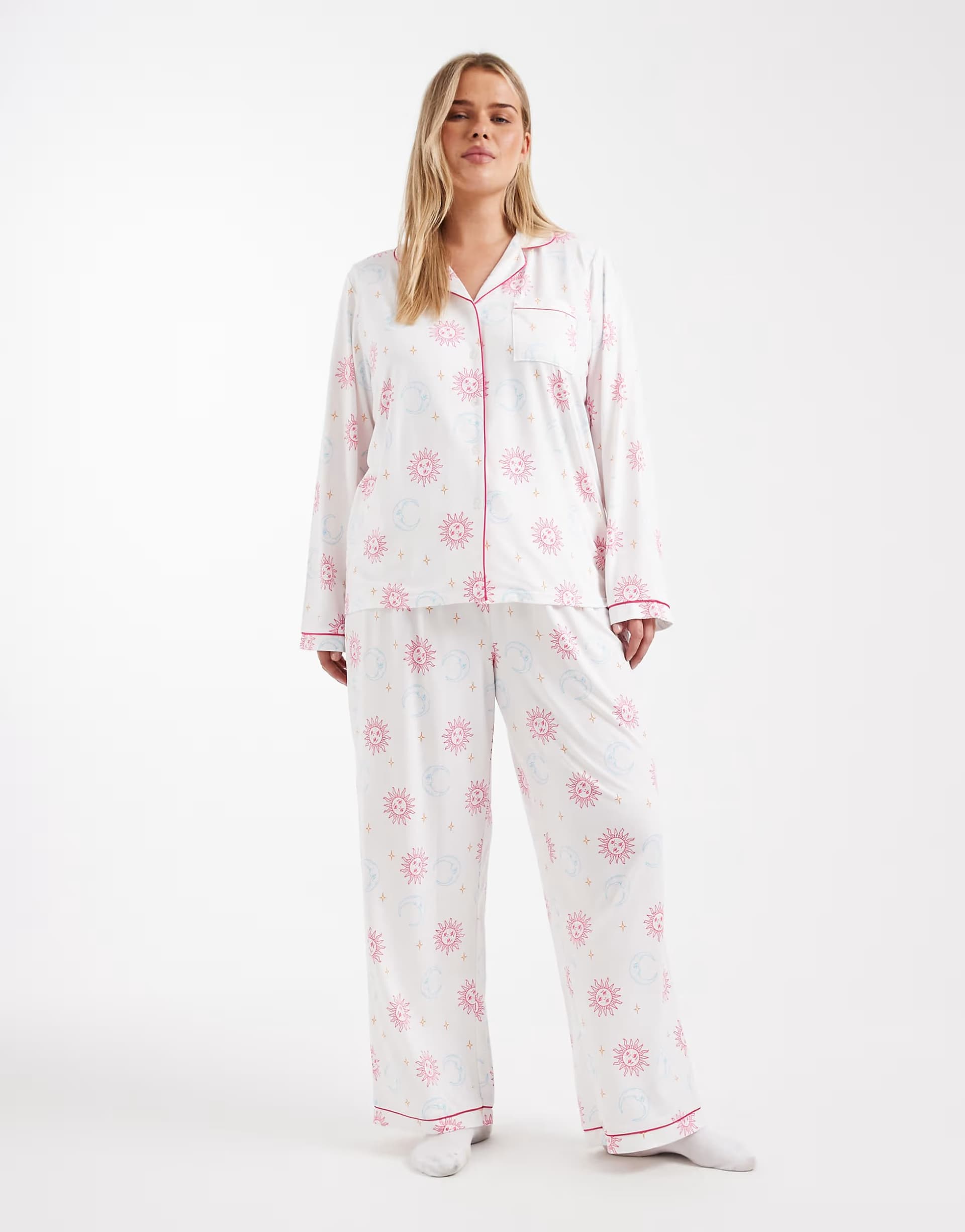 ASOS Loungeable Curve super soft jersey revere top and wide leg pyjama set in celestial multi