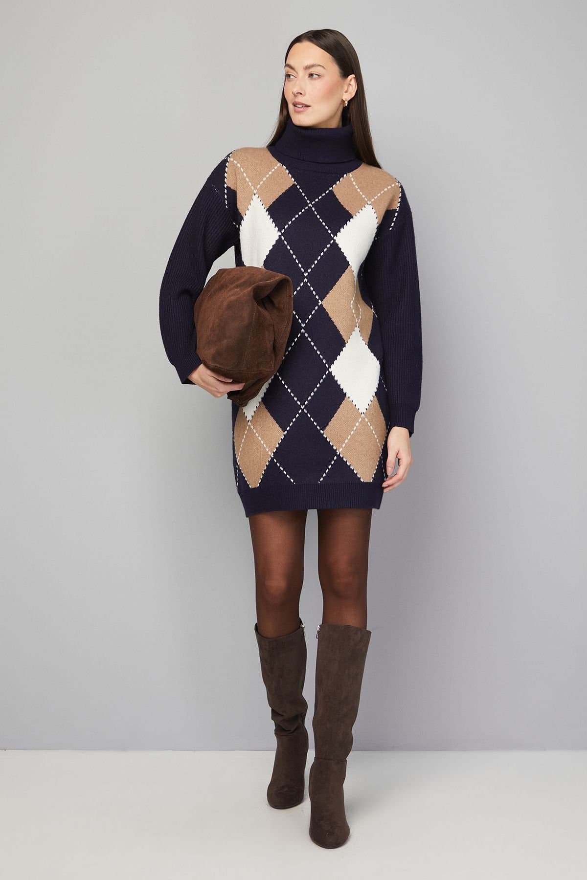 Wallis Wallis Women's Argyle Roll Neck Knitted Dress in Navy