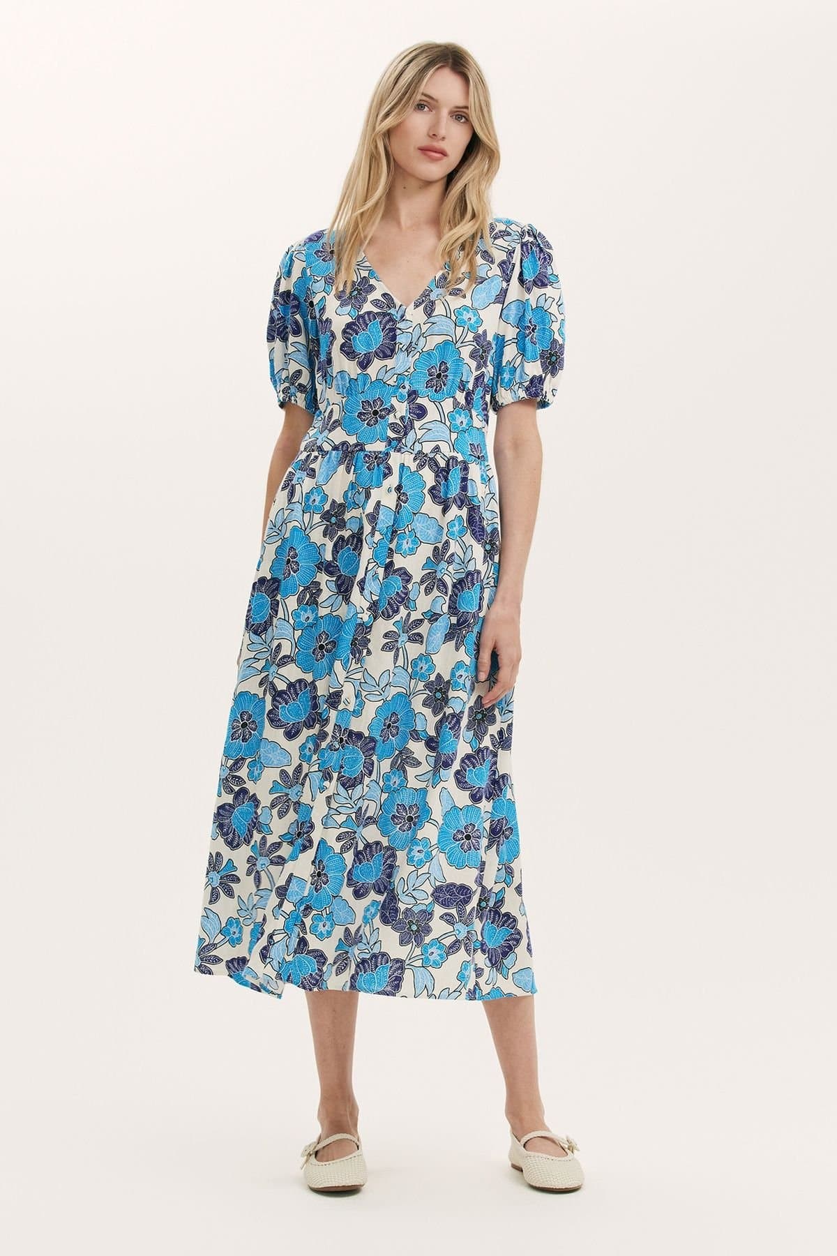Finery London Finery London Women's Addison Floral Linen Blend Midi Dress in Bright Blue