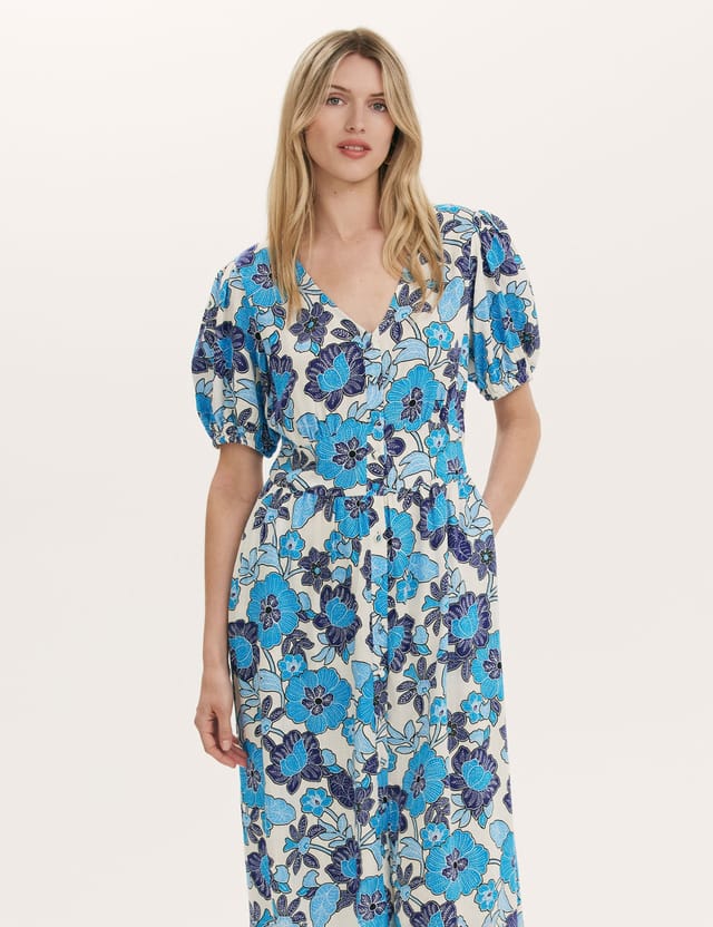 Finery London Finery London Women's Addison Floral Linen Blend Midi Dress in Bright Blue - 2