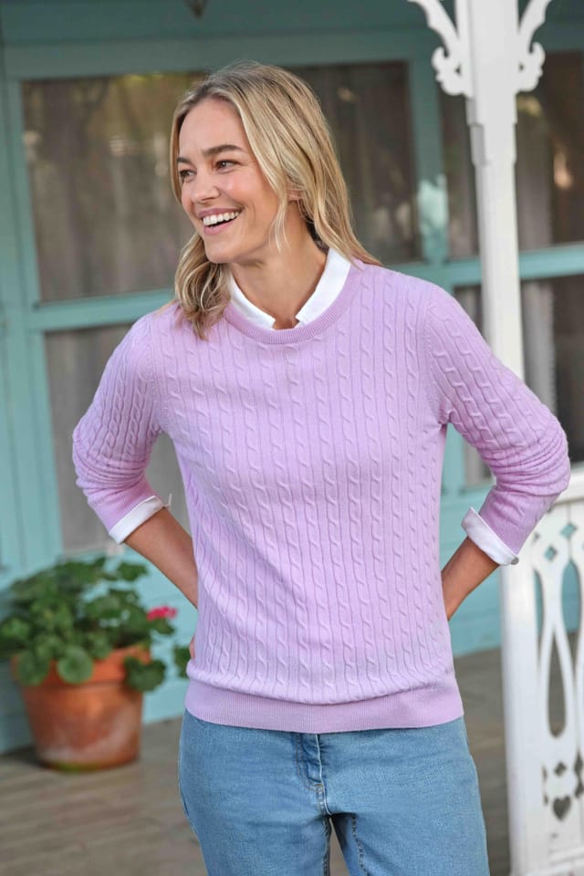 WoolOvers WoolOvers Women's Cashmere Merino Cable Crew Neck Jumper in Lilac - 3