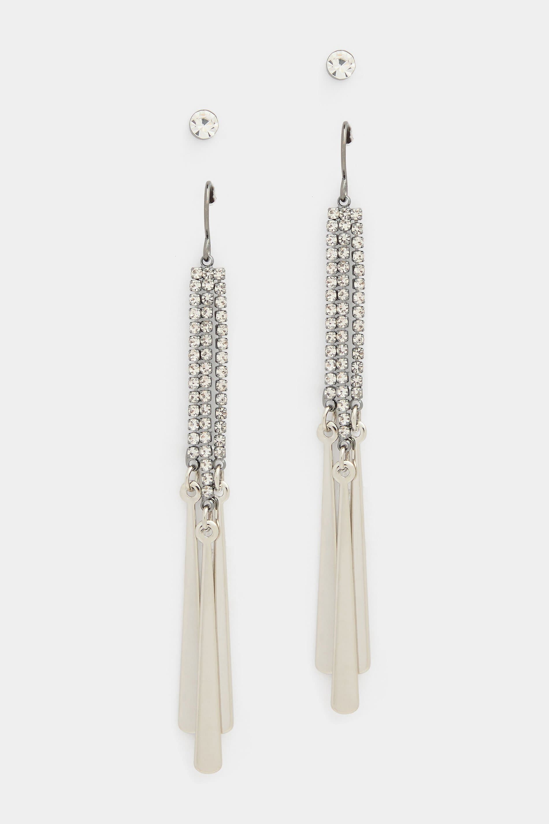 Yours 2 Pack Sliver Tone Diamante Drop Stud Earrings