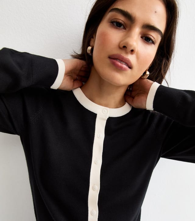 New Look Women's Black Trimmed Crew Neck Knit Cardigan New Look - 2